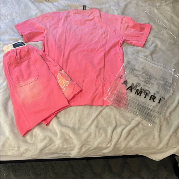 AMIRI Pink Logo T-Shirt and Shorts Set